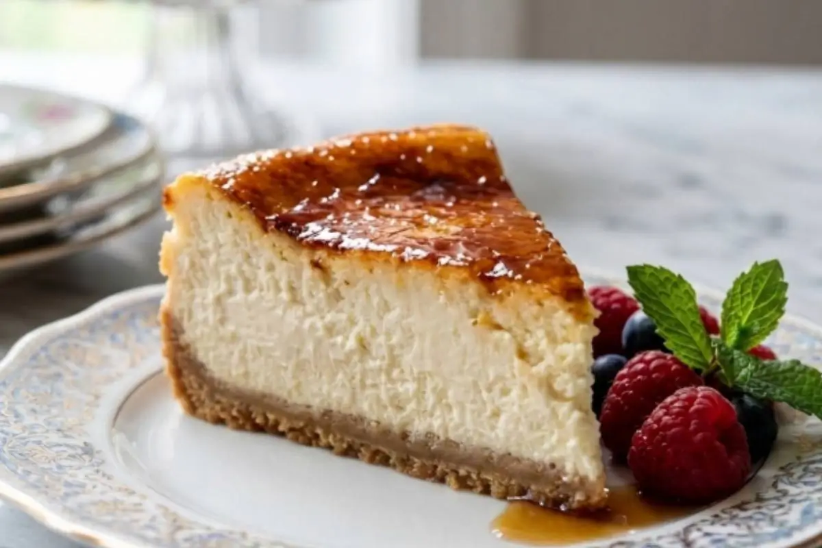 How to Make the Perfect Vegan Ricotta Cheesecake 3 A beautiful slice of vegan ricotta cheesecake with a rich, caramelized top, resting on a vintage floral plate and garnished with fresh raspberries, blueberries, and a sprig of mint.