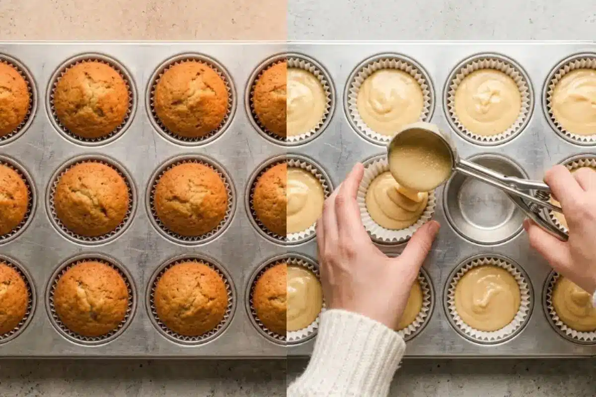 Why The Most Magical Christmas Cupcakes Work A side-by-side view showing why these magical Christmas cupcakes work perfectly every time, featuring hands using a metal scoop to evenly portion smooth batter into lined cups on the right, and the beautifully baked, golden-brown results in a metal muffin tin on the left.