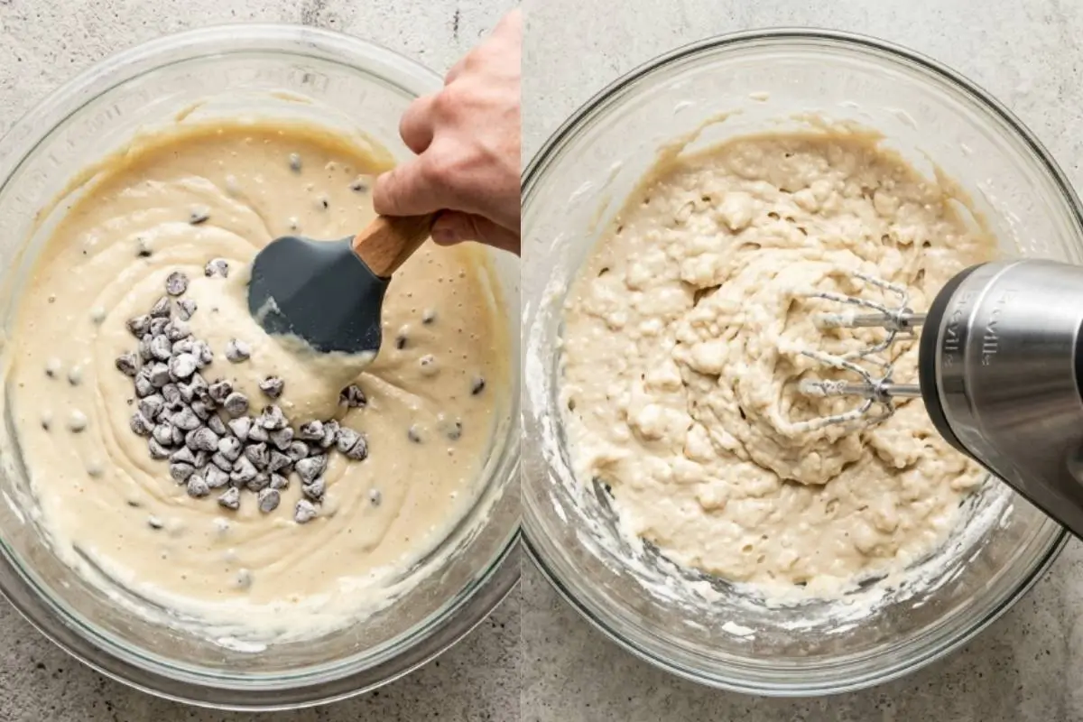 A two-panel process shot showing the foolproof batter for chocolate chip cupcakes, featuring a hand gently folding mini chocolate chips into the mix with a grey spatula on the left, and an electric hand mixer blending the thick, creamy batter in a glass bowl on the right.