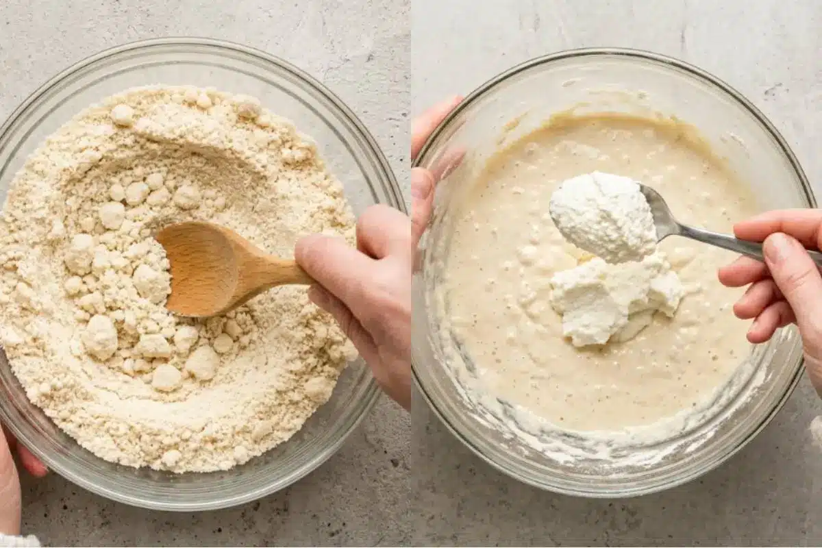 Why This Almond Ricotta Cake Works A side-by-side view showing the step-by-step process of mixing an almond ricotta cake recipe, with one glass bowl showing rustic almond flour being gently stirred with a wooden spoon, and the other showing creamy white ricotta cheese being carefully folded into the wet batter.