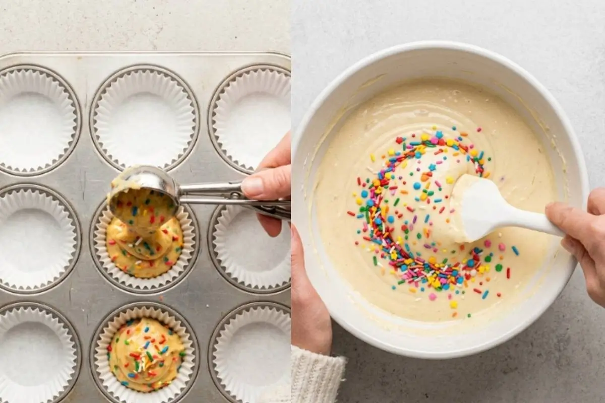 Why This Birthday Cupcake Recipe Works A side-by-side view showing the simple steps of this birthday cupcake recipe, featuring a hand folding bright rainbow sprinkles into a smooth batter in a white bowl on the right, and a metal scoop portioning the colorful batter into a paper-lined cupcake tin on the left.