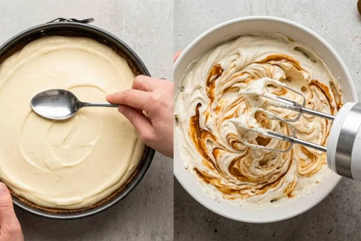 Why This Biscoff Cheesecake Recipe Works A side-by-side view showing why this biscoff cheesecake recipe works beautifully, featuring a hand mixer swirling rich cookie butter into a creamy batter on the right, and a hand gently smoothing the velvety filling over a cookie crust in a springform pan with a spoon on the left.
