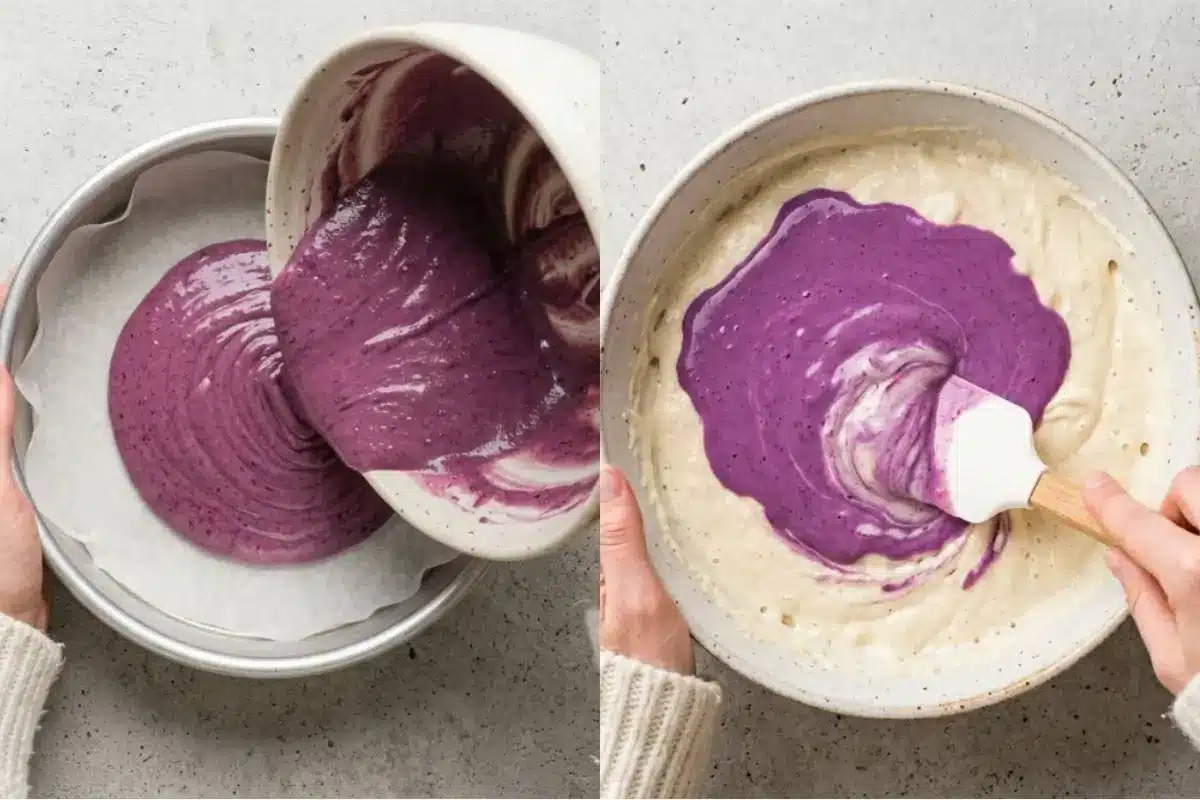 Why This Blackberry Cake Works A side-by-side view demonstrating exactly why this blackberry cake recipe works, featuring a baker's hands gently folding vibrant purple berry puree into a smooth batter with a white spatula, and carefully pouring the colorful mixture into a parchment-lined baking pan.