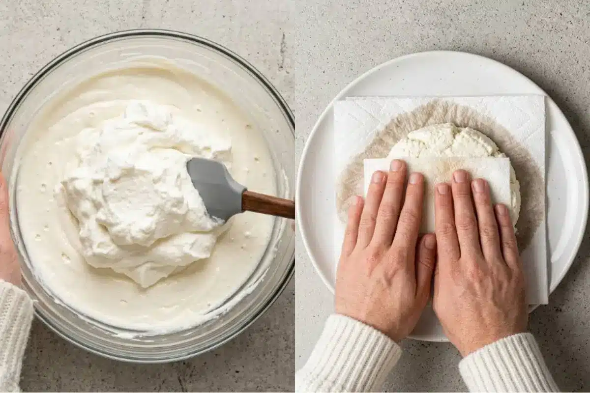 Why This Cannoli Cake Recipe Works A side-by-side view demonstrating the essential techniques for our cannoli cake recipe, showing a baker's hands gently folding a fluffy, sweet cream mixture in a glass bowl and pressing paper towels onto fresh ricotta cheese to drain the excess moisture.