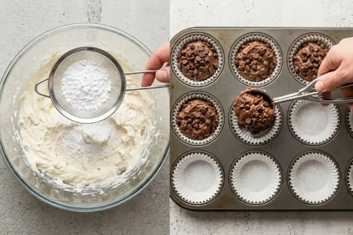 Why This Cannoli Cupcakes Recipe Works A side-by-side process shot explaining why this cannoli cupcakes recipe works, showing a hand sifting powdered sugar into a glass bowl of creamy frosting on the left, and a hand using a metal cookie scoop to evenly distribute rich chocolate batter into a lined muffin tin on the right.