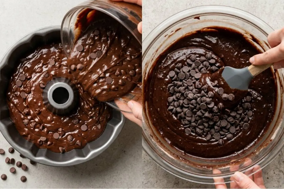 Why This Chocolate Chip Bundt Cake Works A side-by-side view demonstrating why this chocolate chip bundt cake works so well, showing thick chocolate batter being poured into a greased metal bundt pan on the left, and a silicone spatula gently folding semi-sweet chocolate chips into the rich batter on the right.
