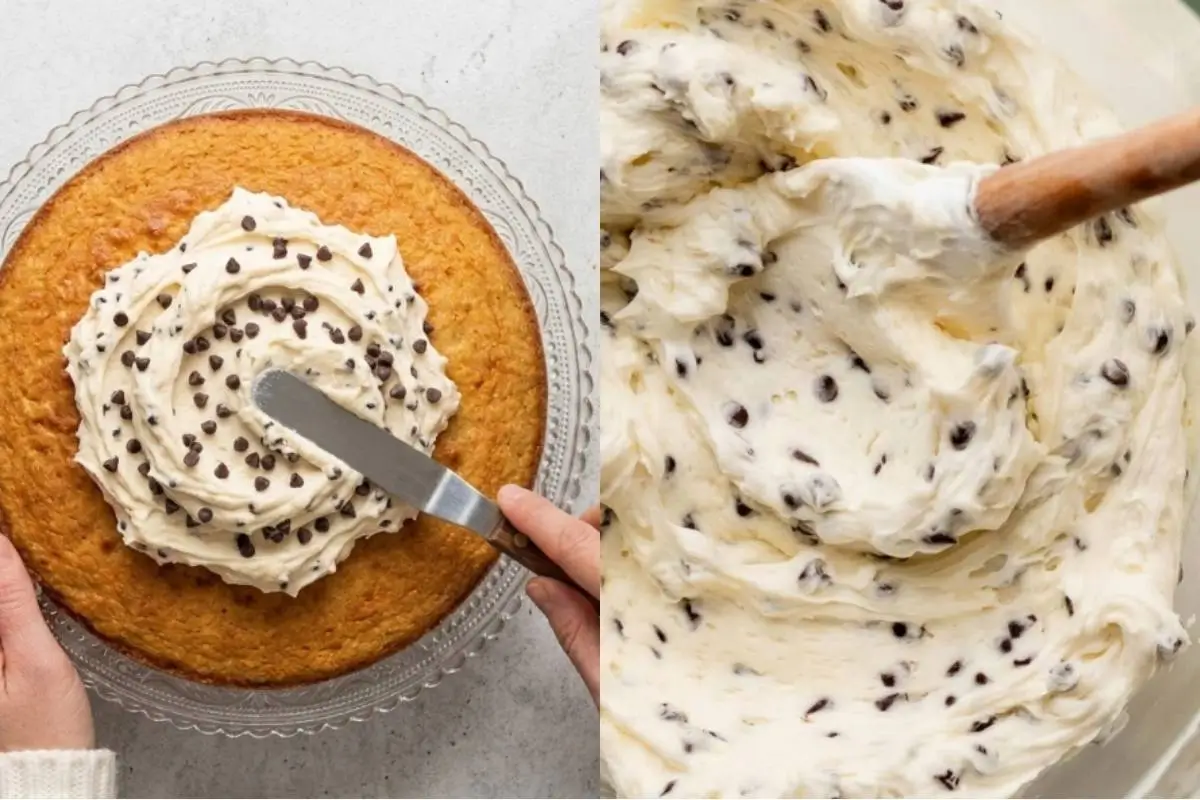 Why This Chocolate Chip Cake Works A side-by-side view showing hands using an offset spatula to spread fluffy, chocolate chip-speckled buttercream onto a golden cake layer on a vintage glass stand, next to a close-up of a wooden spoon stirring the rich frosting in a bowl.