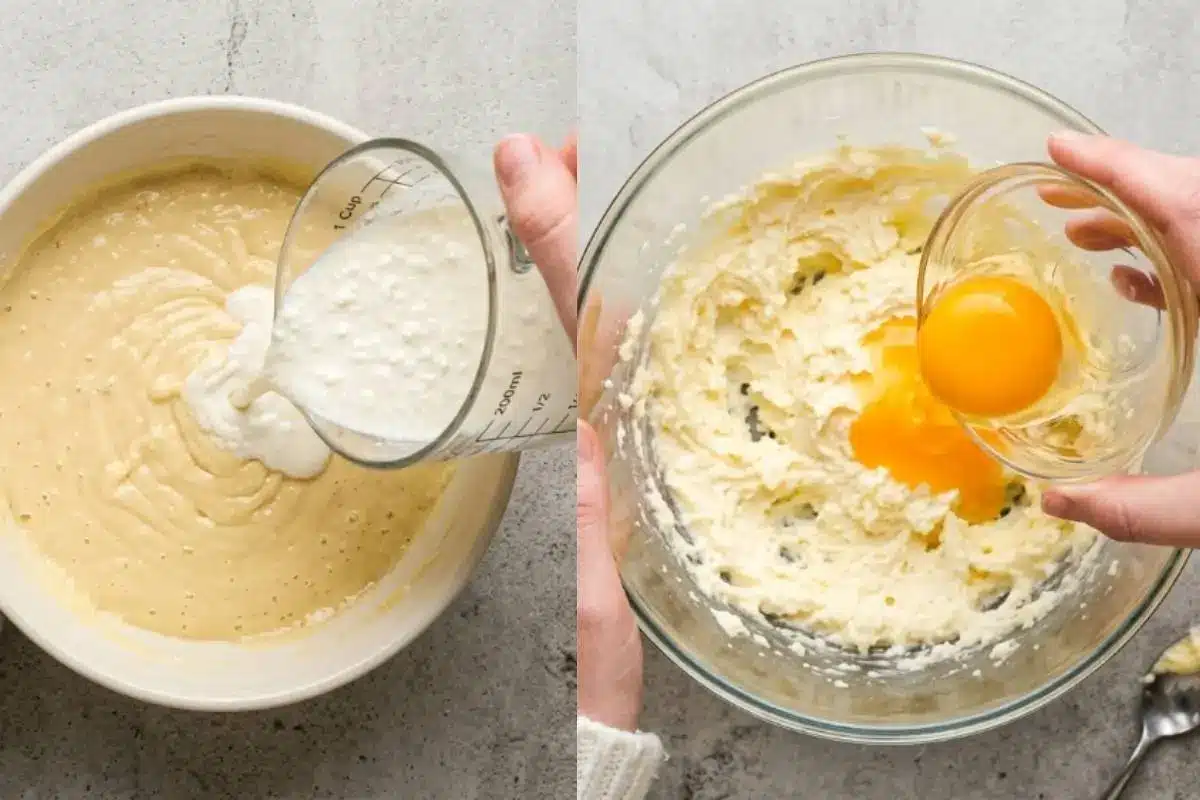 Why This Gluten-Free Cupcake Recipe Works A side-by-side view showing why this gluten-free cupcake recipe works perfectly, featuring a hand gently pouring milk into a smooth batter on the left, and another hand carefully adding a fresh egg to fluffy creamed butter on the right.