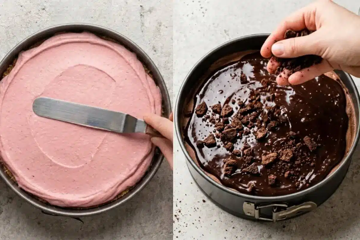 Why This Ice Cream Cake recipe Works A side-by-side demonstration showing the simple assembly of our ice cream cake recipe, featuring a hand using an offset spatula to smooth soft pink strawberry ice cream on the left, and gently sprinkling crushed chocolate cookies over a rich fudge layer on the right.