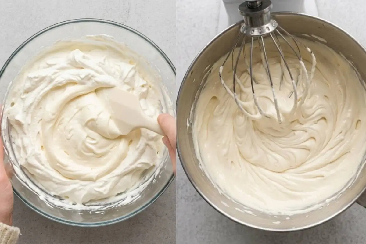 Why This Italian Cheesecake Recipe Works A side-by-side overhead view on a light-grey textured backdrop showing a thick, creamy Italian ricotta cookie filling being gently folded with a white silicone spatula in a glass bowl on the left, and beautifully whipped to perfection with a wire whisk attachment in a metal stand mixer bowl on the right.