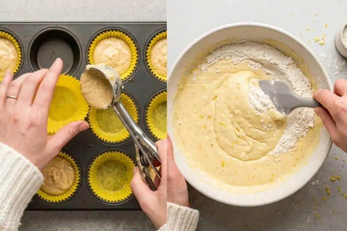Why This Lemon Cupcakes Recipe Works A side-by-side visual demonstrating why this lemon cupcakes recipe works perfectly, showing a pair of hands gently folding flour into a bright, citrus-flecked batter in a rustic white bowl, and carefully using a metal scoop to portion the batter into bright yellow paper liners in a baking tin.