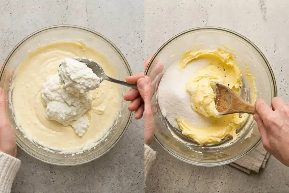 Why This Lemon Ricotta Cake Recipe Works A side-by-side view showing the step-by-step process of mixing a lemon ricotta cake recipe, with one glass bowl showing vibrant yellow butter and sugar being creamed together with a wooden spoon, and the other showing creamy white ricotta cheese being gently folded into the batter.