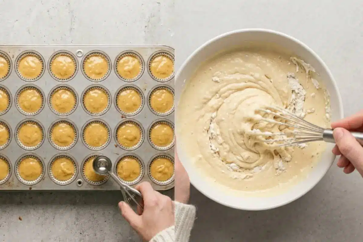 Why This Mini Cupcakes Recipe Works A side-by-side photo demonstrating why this mini cupcakes recipe works so perfectly, showing a warm hand whisking creamy batter in a rustic white bowl, and gently using a small scoop to portion it into a lined metal baking tin.