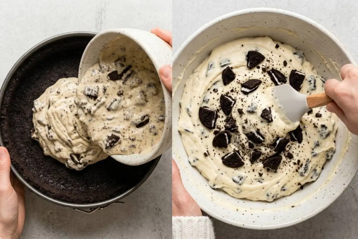 Why This Oreo Cheesecake Works A split-screen view demonstrating why this Oreo cheesecake works, showing a creamy filling loaded with cookie pieces being poured from a speckled bowl into a dark crust on the left, and a hand gently folding broken chocolate sandwich cookies into the rich batter with a spatula on the right.