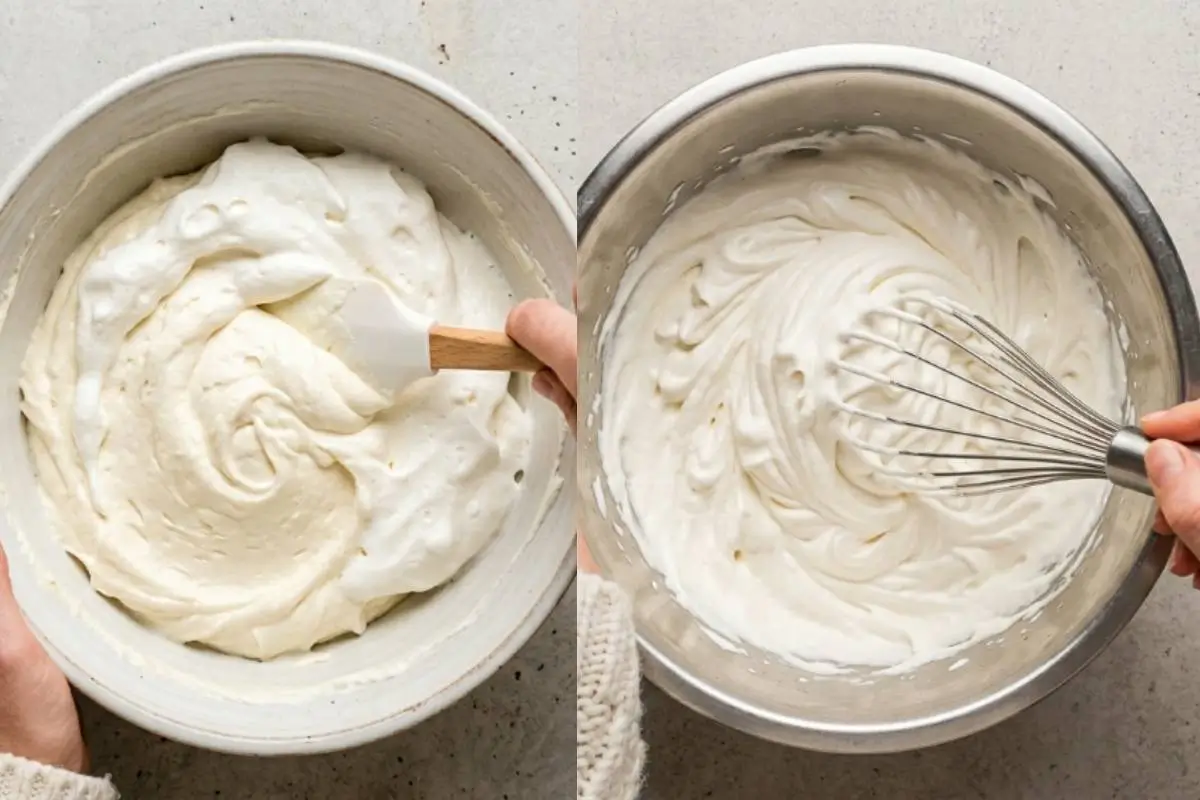 Why This Philadelphia No-Bake Cheesecake Works A split-screen view demonstrating why this Philadelphia no-bake cheesecake works, showing a hand gently folding fluffy whipped cream into a smooth cream cheese mixture with a wooden-handled spatula, beside a metal bowl where fresh cream is being whisked into perfect peaks.