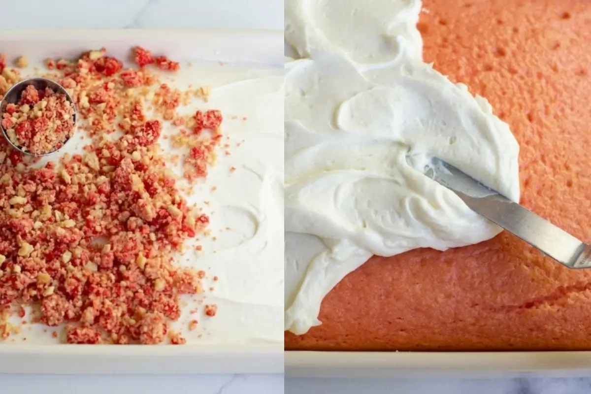 Why This Strawberry Crunch Cake Works A two-part image showcasing why this strawberry crunch cake works, featuring a hand sprinkling bright pink crumble over a creamy frosted layer and a spatula smoothing rich frosting onto a moist pink cake base.