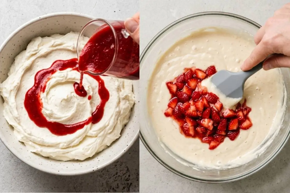 A side-by-side view showing the secret to our fresh strawberry cookies, featuring a rich, bright red strawberry purée being poured into a bowl of creamy frosting, and a hand gently folding vibrant, diced strawberries into the soft cookie batter with a grey spatula.