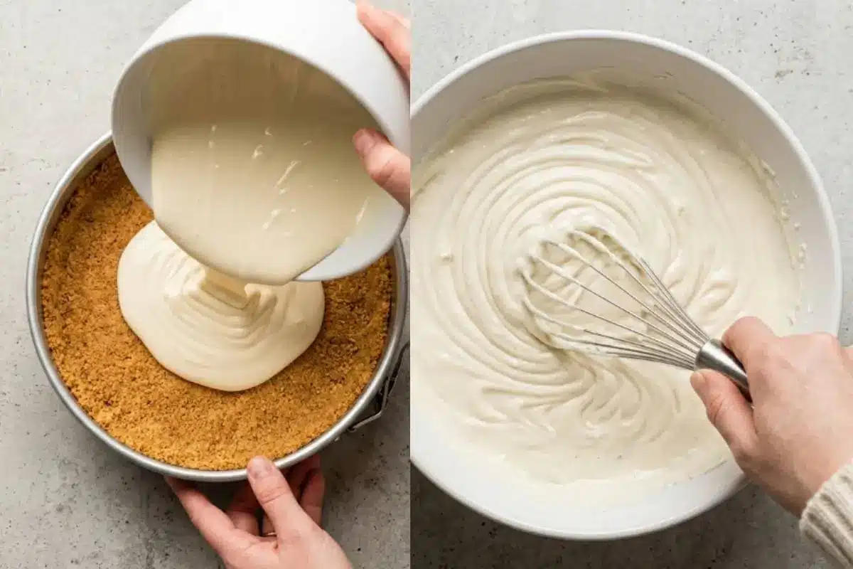 Why This Turtle Cheesecake Works A side-by-side view showing the smooth, velvety cream cheese filling for a turtle cheesecake being whisked in a large white bowl, and then being gently poured over a rustic pecan crust in a metal springform pan.