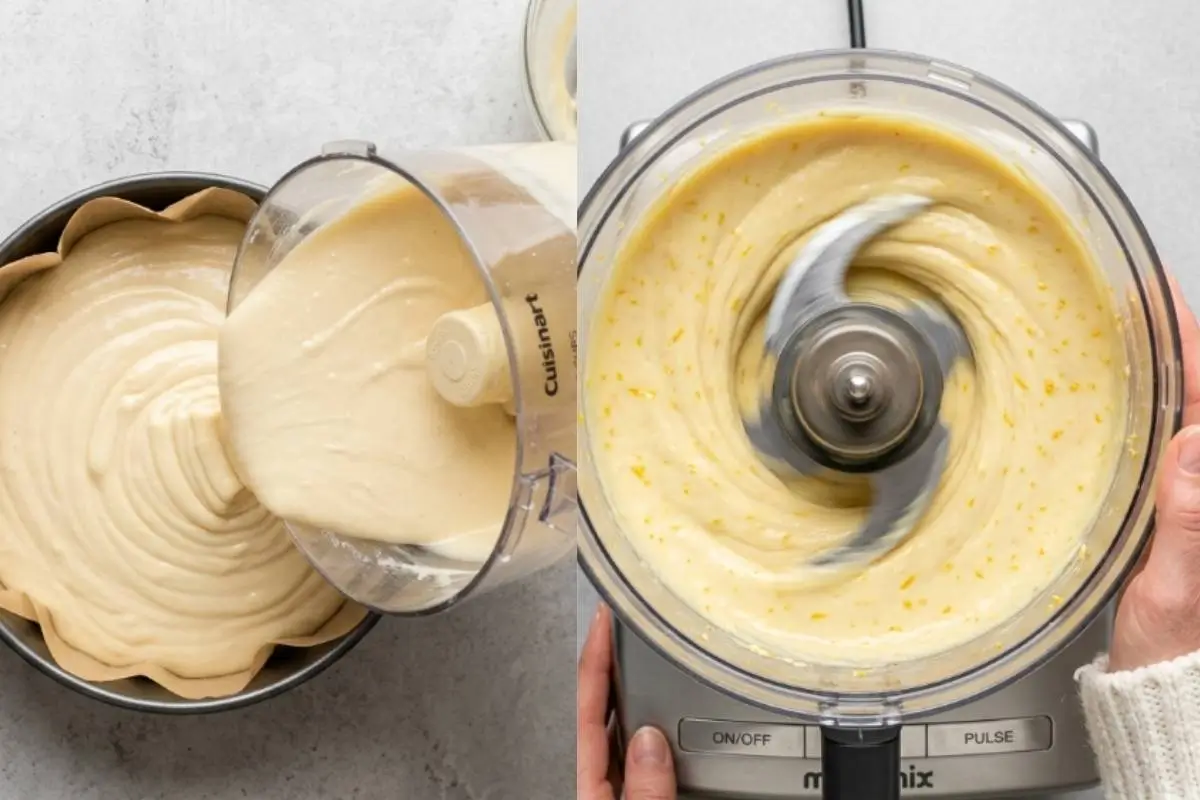 Why This Vegan Ricotta Cheesecake Works An overhead view on a light-grey textured concrete backdrop showing the creamy vegan ricotta cheesecake filling being perfectly blended in a food processor on the right, and then smoothly poured into a parchment-lined round baking pan on the left.