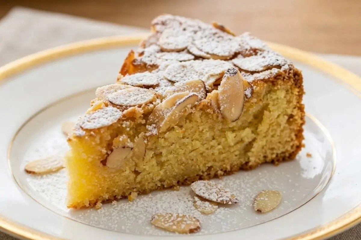 Best Almond Ricotta Cake Recipe – Tender, Moist, & Authentic 3 A golden slice of homemade almond ricotta cake topped with toasted almond slivers and a dusting of powdered sugar, served on a vintage-style floral plate with a silver fork.