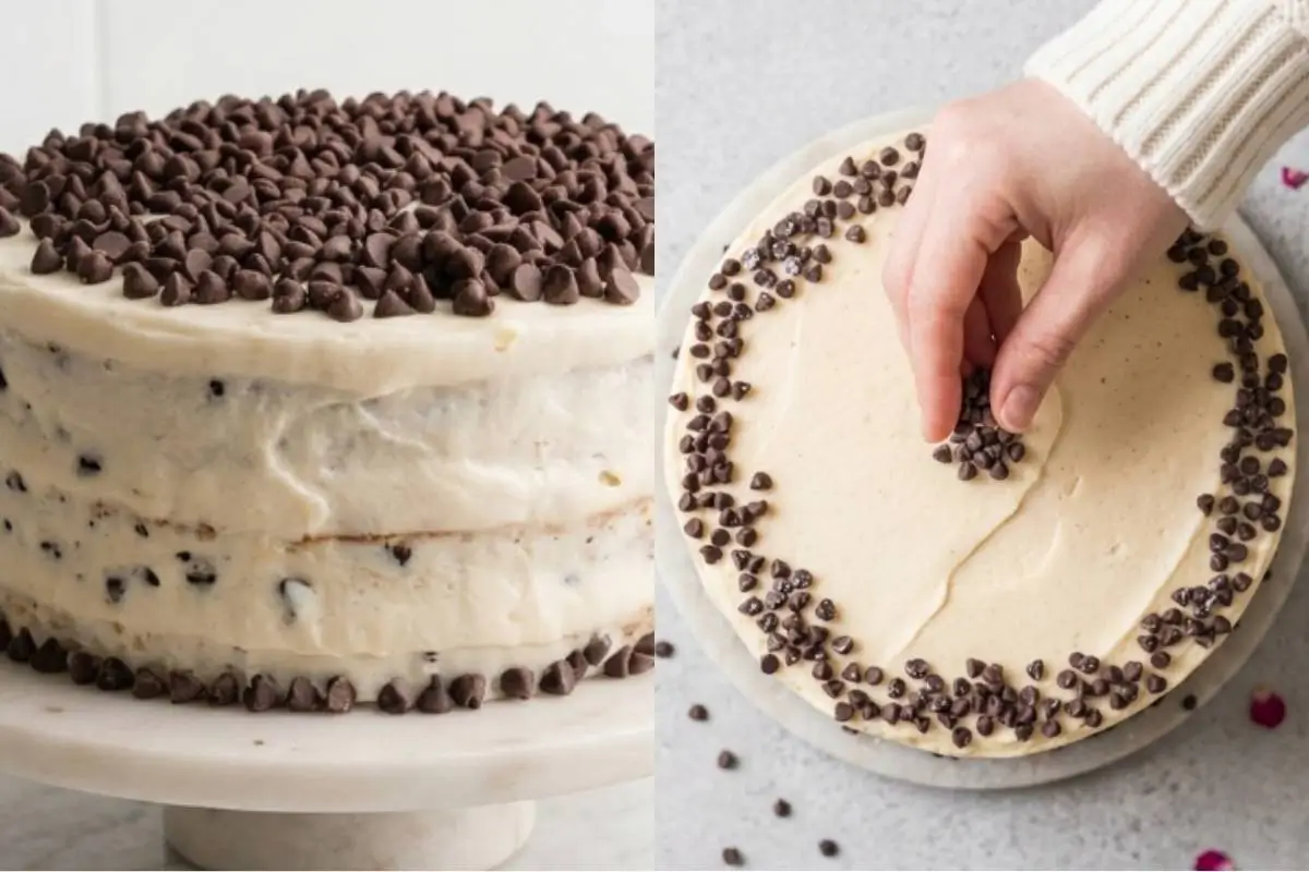 cannoli cake A side-by-side view of a rustic, two-layer cake on a marble stand with ricotta frosting and mini chocolate chips, alongside an overhead view of a baker's hand in a cream sweater gently pressing a cluster of chocolate chips onto the smooth top of our favorite cannoli cake recipe.