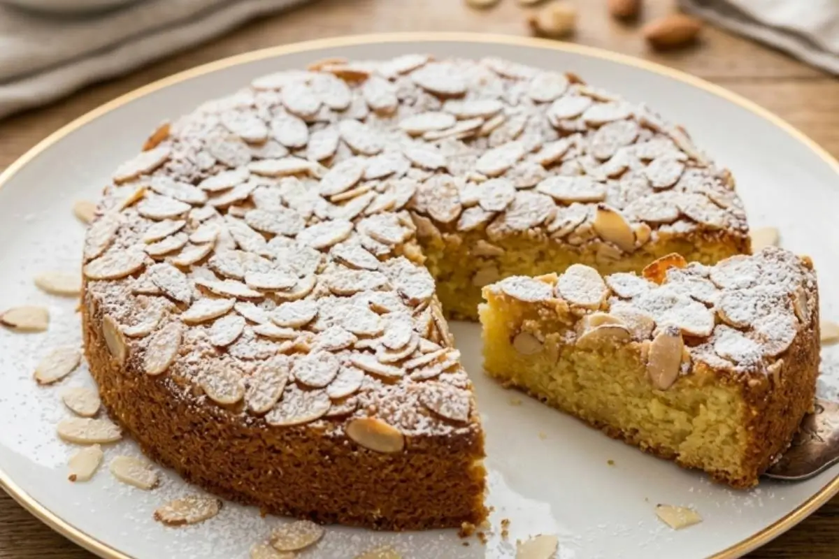 foolproof Almond Ricotta Cake A thick, soft slice of a rustic almond ricotta cookie, beautifully dusted with powdered sugar and covered in toasted sliced almonds, resting on a warm white plate with a gold rim.