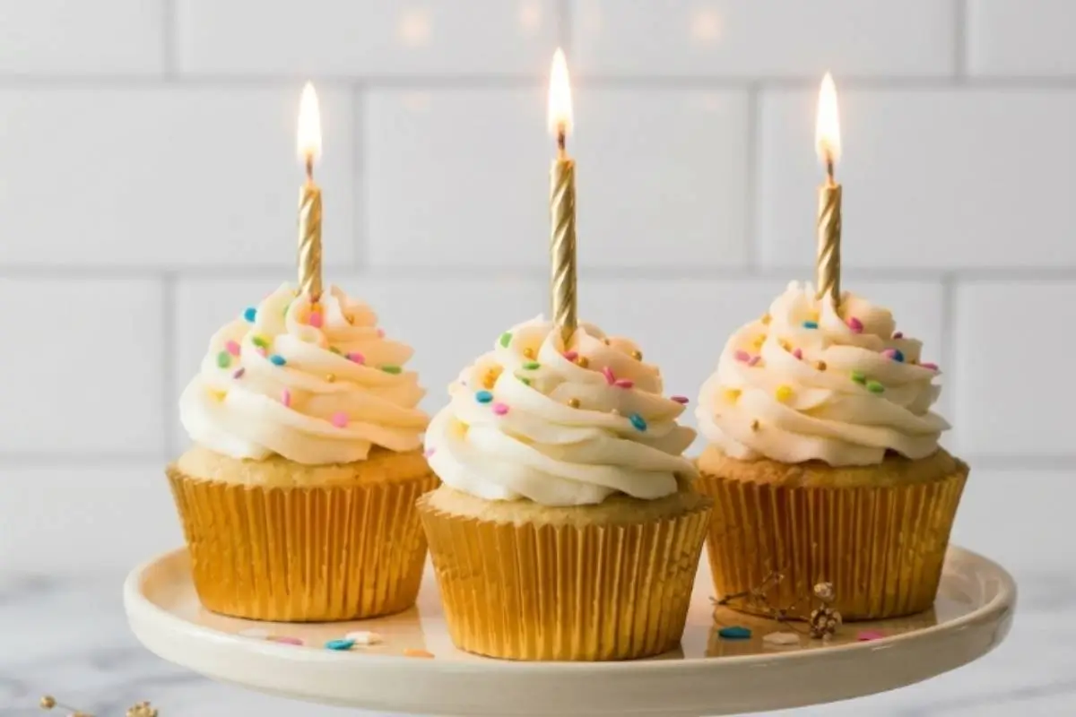 A beautiful batch of soft, rustic birthday cookie cups baked in gold paper liners, each crowned with a generous swirl of sweet white frosting, colorful sprinkles, and a single lit gold candle, all arranged on a simple white serving stand.