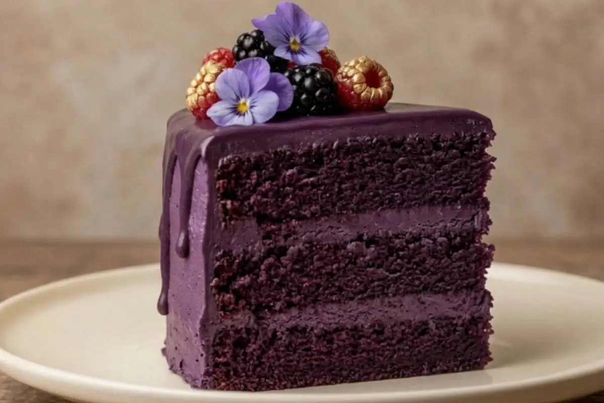 foolproof Blackberry Cake A thick, beautiful slice of a layered blackberry cookie stack, filled and smoothly coated with vibrant purple frosting, finished with a sweet drip glaze and topped with fresh blackberries, gold-dusted raspberries, and edible purple flowers on a simple cream plate.