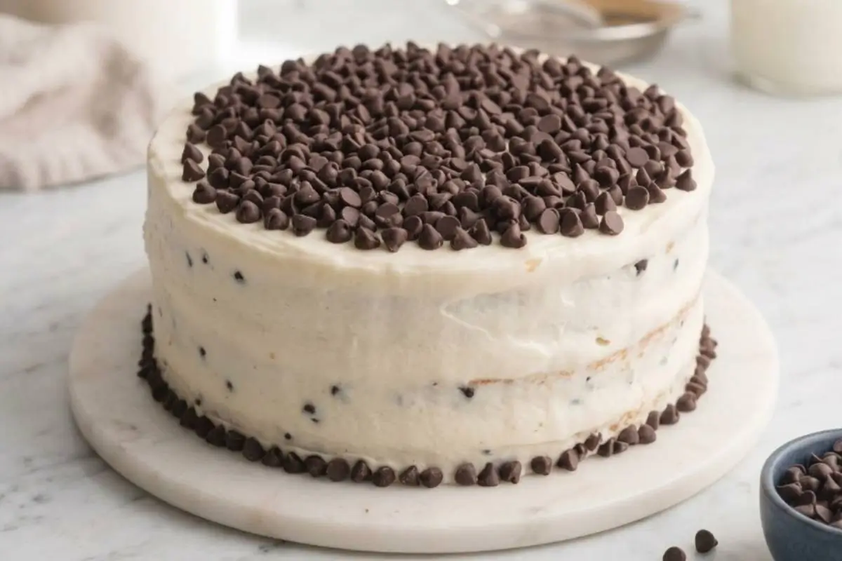 foolproof Cannoli Cake A rustic, layered giant cannoli cookie stack covered in smooth, sweet ricotta frosting and generously topped with mini chocolate chips, resting on a white marble serving board.