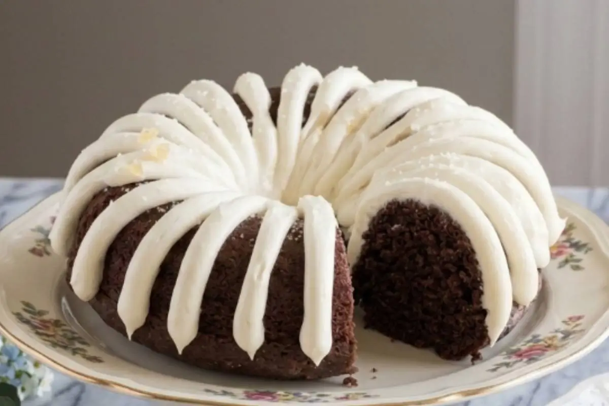 foolproof Chocolate Chip Bundt Cake A rich, dark chocolate chip bundt cookie wreath elegantly piped with thick ribbons of sweet white frosting, resting on a vintage floral plate against a warm, rustic backdrop.