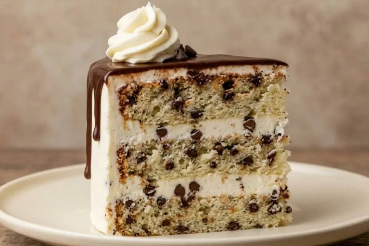 foolproof Chocolate Chip Cake A thick slice of a layered chocolate chip cookie stack, filled with sweet cream and miniature chocolate chips, finished with a rich chocolate drip and a single rosette of frosting, resting on a warm, simple ceramic plate.