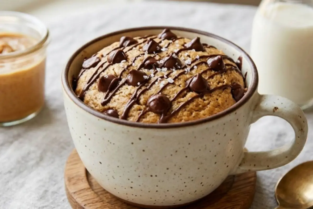 foolproof Chocolate Chip Mug Cake_ A warm, soft-baked chocolate chip mug cookie topped with extra chocolate chips, a sweet chocolate drizzle, and flaky sea salt, served in a cozy speckled ceramic mug resting on a wooden coaster.