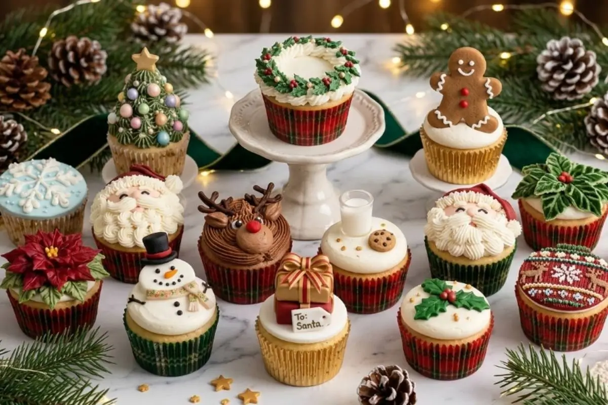 A beautiful, festive collection of baked Christmas cookie cups in plaid paper liners, decorated with sweet frosting to look like Santa, a reindeer, a gingerbread man, and holiday wreaths, arranged on a cozy marble surface surrounded by pine branches and warm fairy lights.