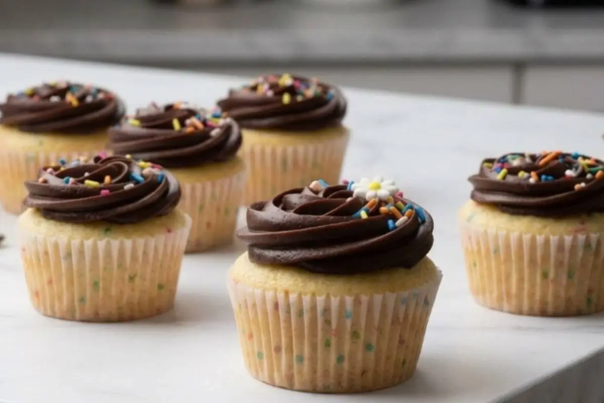 A beautiful batch of soft, colorful gluten-free cookie cups baked in simple paper liners, each generously crowned with a thick swirl of rich dark chocolate frosting and rainbow sprinkles, resting on a softly lit white marble counter.