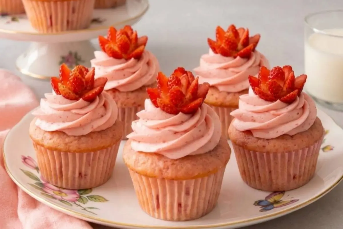 A beautiful batch of soft, rustic strawberry cookie cups, each gently crowned with a swirl of sweet pink frosting and fresh strawberry slices, beautifully arranged on a vintage floral plate.