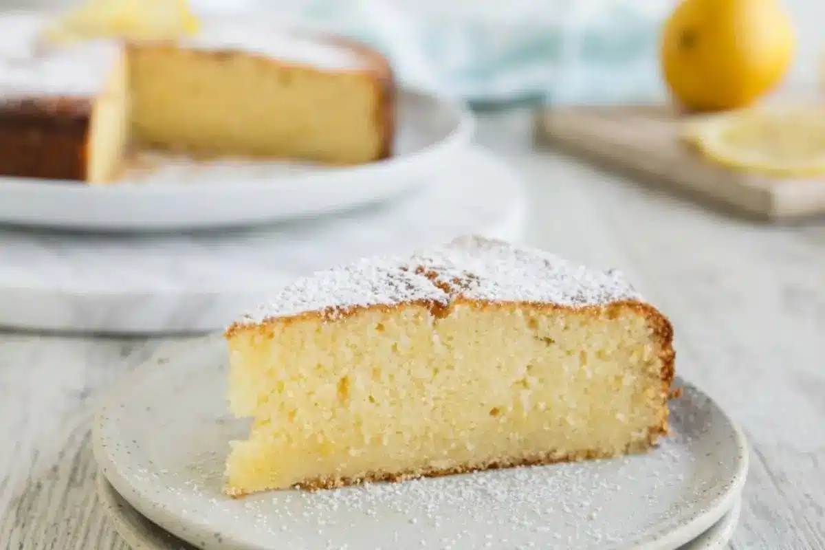 foolproof lemon ricotta cake A moist slice of lemon ricotta cake lightly dusted with powdered sugar rests on a rustic speckled plate, with fresh lemons and the remaining cake in the softly lit background.