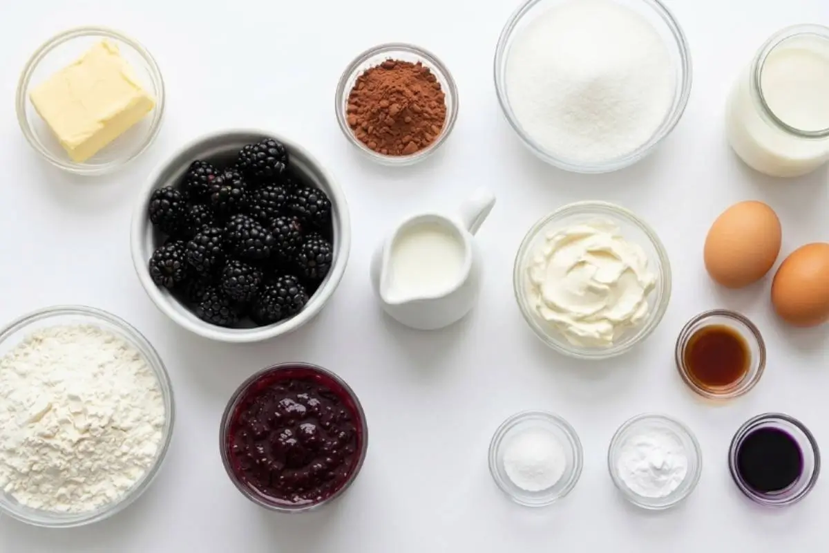 ingredients For Blackberry Cake An overhead view of the everyday baking ingredients needed for our beautiful blackberry cake recipe, featuring fresh plump blackberries, rich cocoa powder, flour, farm-fresh eggs, and sweet blackberry jam neatly arranged in rustic glass bowls.