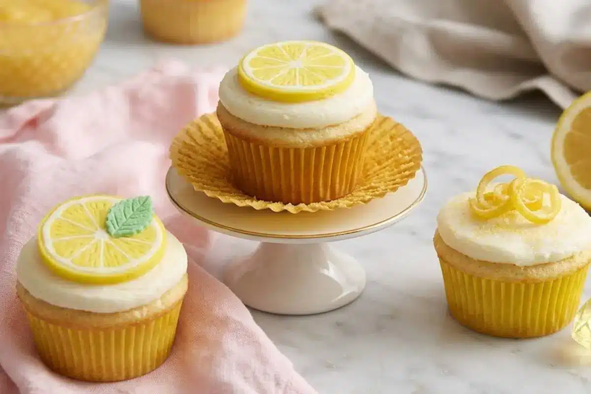 Bursting with Flavor: Bakery-Quality Lemon Cupcakes Made Easy 3 Three freshly baked lemon cupcakes topped with creamy frosting and decorated with a lemon slice and candied zest, displayed on a marble surface with a soft pink linen napkin.