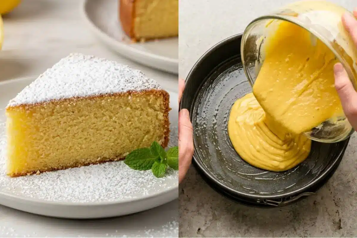 lemon ricotta cake recipe A side-by-side view showing a thick, moist slice of a lemon ricotta cake recipe dusted with powdered sugar on a warm ceramic plate, next to a glass bowl pouring smooth, vibrant yellow cake batter into a greased baking pan.