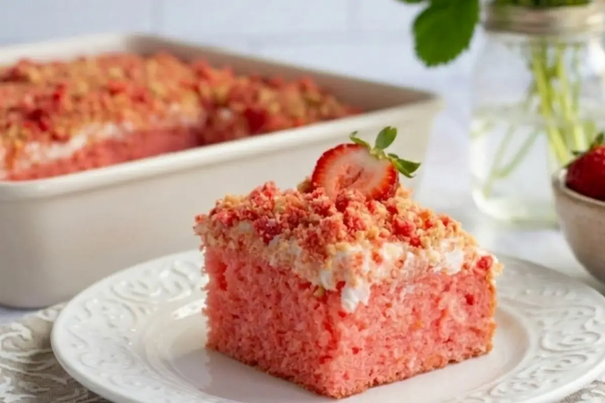 Get Nostalgic with This Easy Strawberry Crunch Cake 3 A beautiful, rustic strawberry crunch cake square resting on a delicate white plate, generously topped with a golden cookie crumble and a fresh strawberry half.