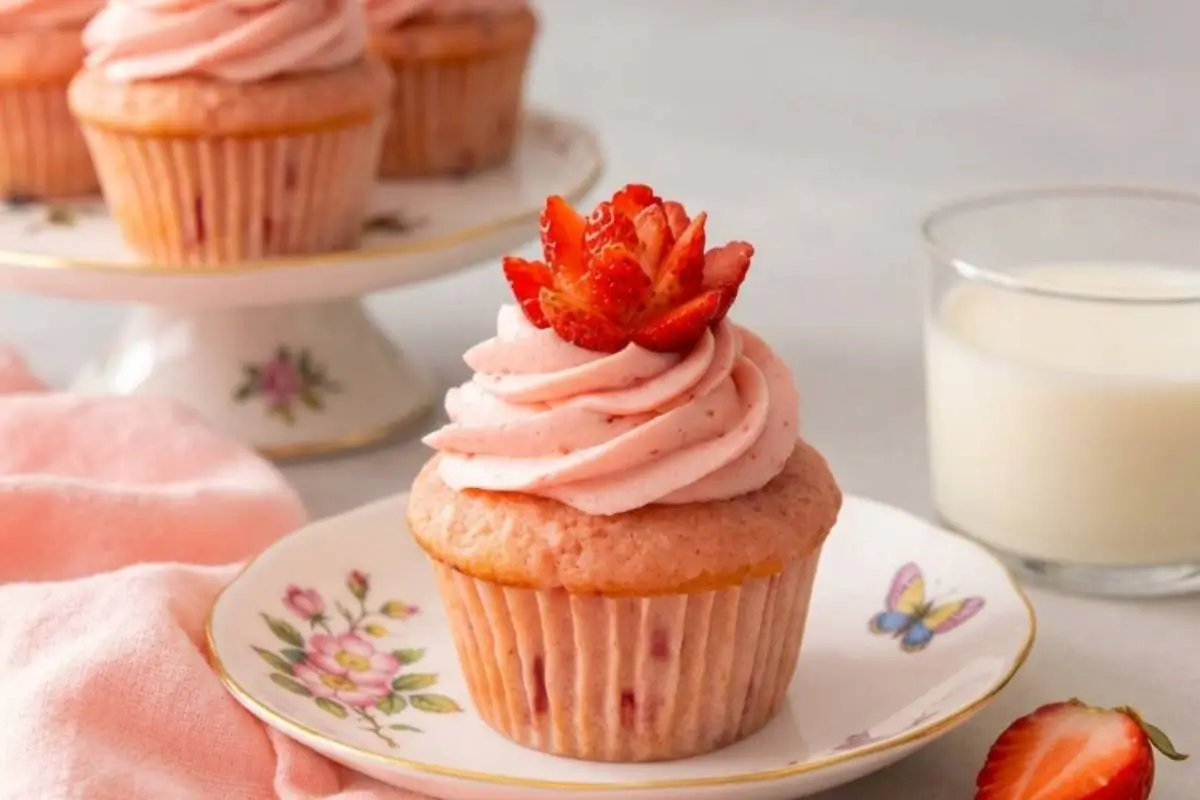 A beautiful, freshly baked treat from our favorite strawberry cupcake recipe, resting on a vintage floral plate and generously swirled with pink strawberry buttercream and a fresh berry garnish, next to a glass of milk and a soft pink linen cloth.