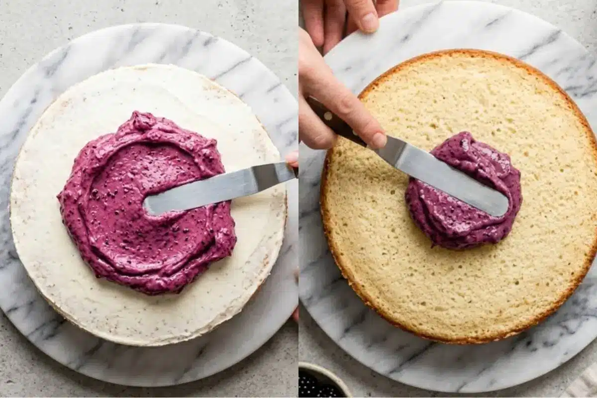 torage Tips, Freezing For Your Blackberry Cake A side-by-side view showing a baker's hand using a metal offset spatula to gently spread a thick, vibrant purple blackberry filling onto a tender vanilla sponge, demonstrating the perfect assembly and prep for freezing our beautiful blackberry cake recipe.