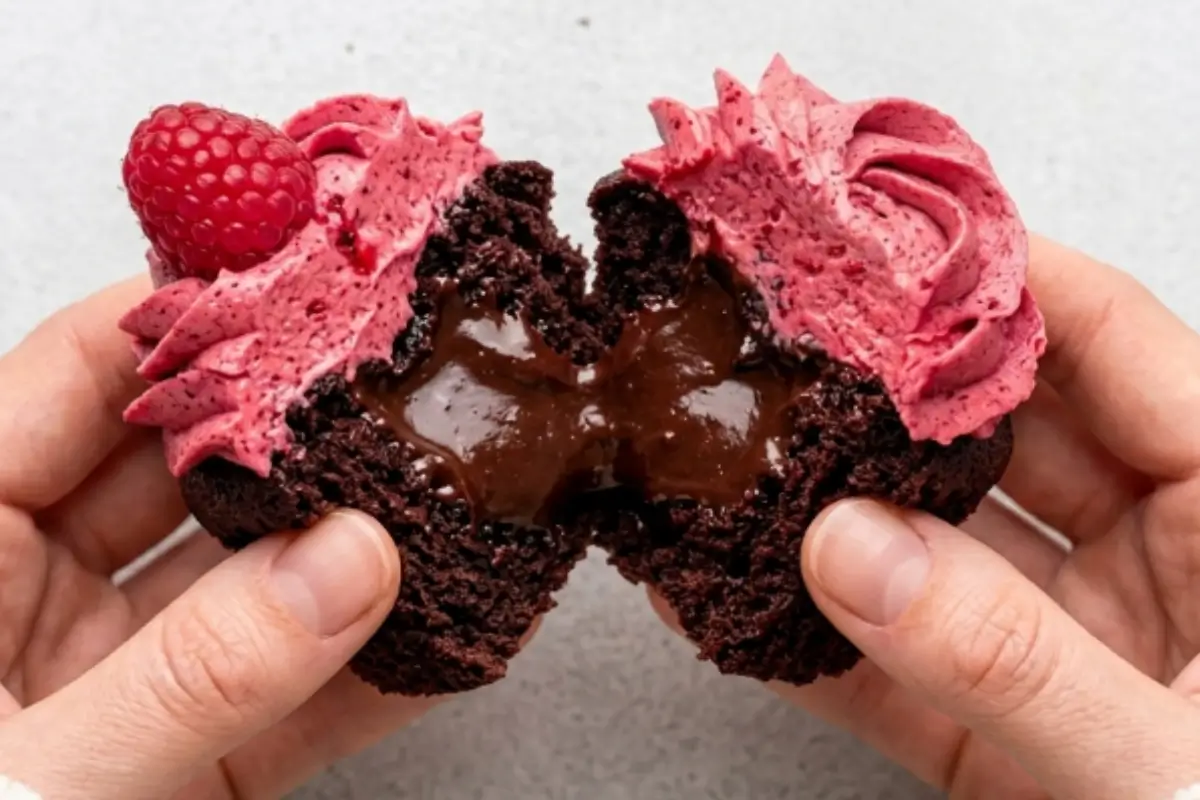 Best for Chocolate Raspberry Cupcakes Two hands gently pulling apart a freshly baked chocolate raspberry cupcake to reveal a rich, molten chocolate center beneath rustic swirls of pink raspberry buttercream and a fresh berry.