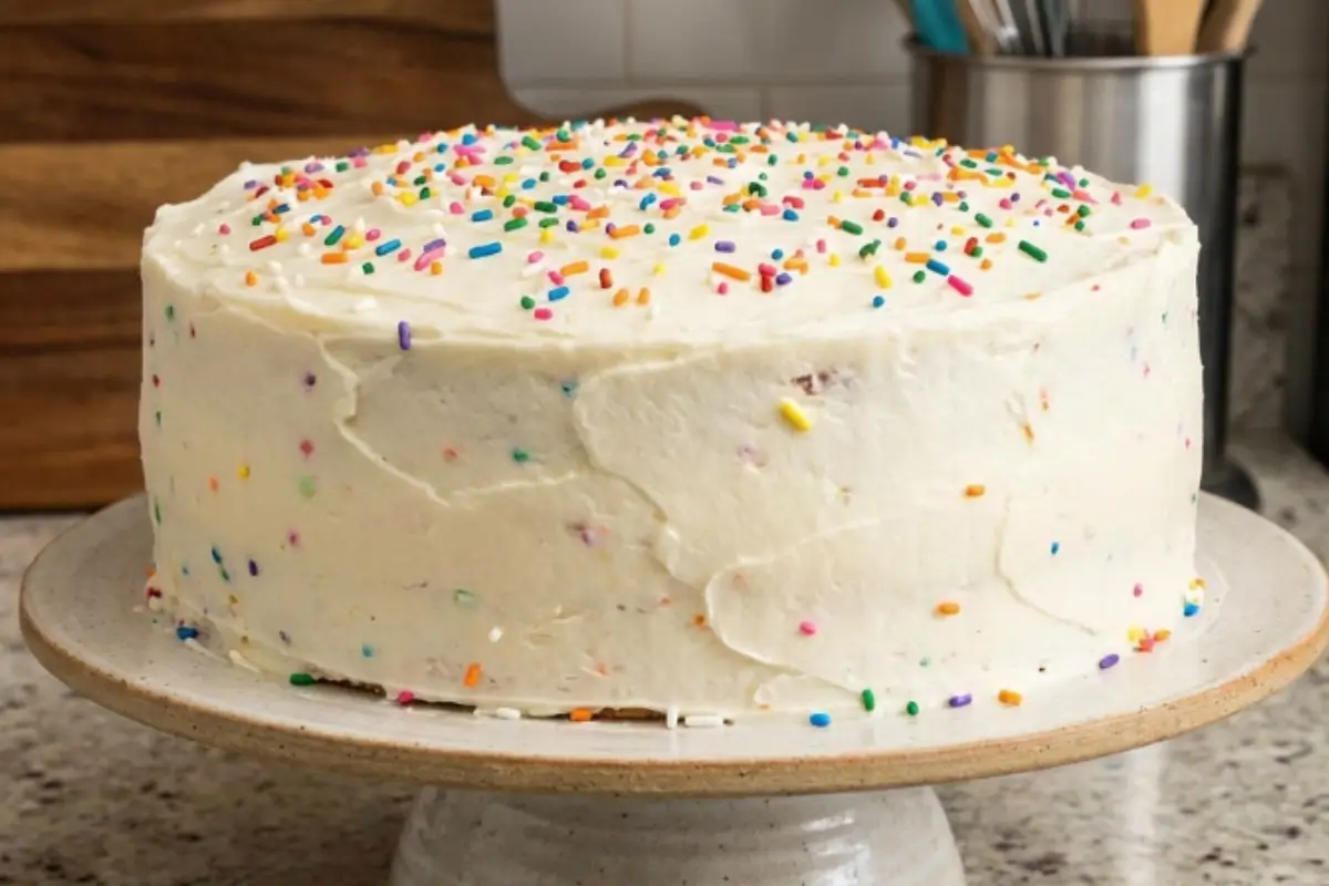 Simple Cake Storage Tips 2 A freshly frosted white cake covered in colorful rainbow sprinkles rests on a rustic ceramic cake stand, perfectly illustrating the best cake storage tips for keeping your homemade desserts moist and fresh.