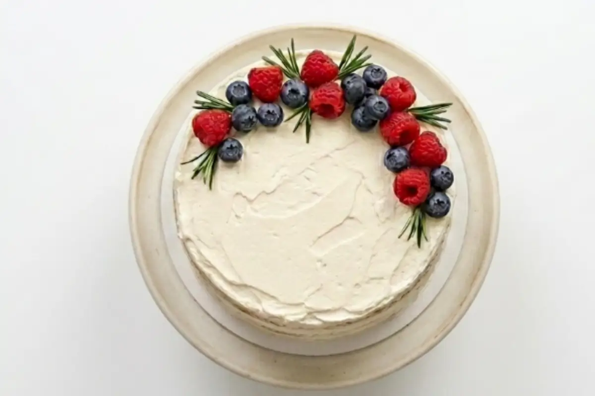 Chill and Set to frost a cake A top-down view of a beautifully decorated homemade cake resting on a rustic ceramic stand, featuring swoopy white icing beautifully arranged with fresh raspberries, blueberries, and rosemary sprigs, showcasing the final chilled result after you frost a cake.