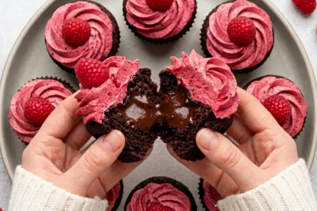Chocolate Raspberry Cupcakes Recipes Two hands gently pulling apart a freshly baked chocolate cupcake to reveal a rich, molten chocolate center, surrounded by a plate showcasing our favorite chocolate raspberry cupcakes recipes topped with swirled pink buttercream and fresh berries.