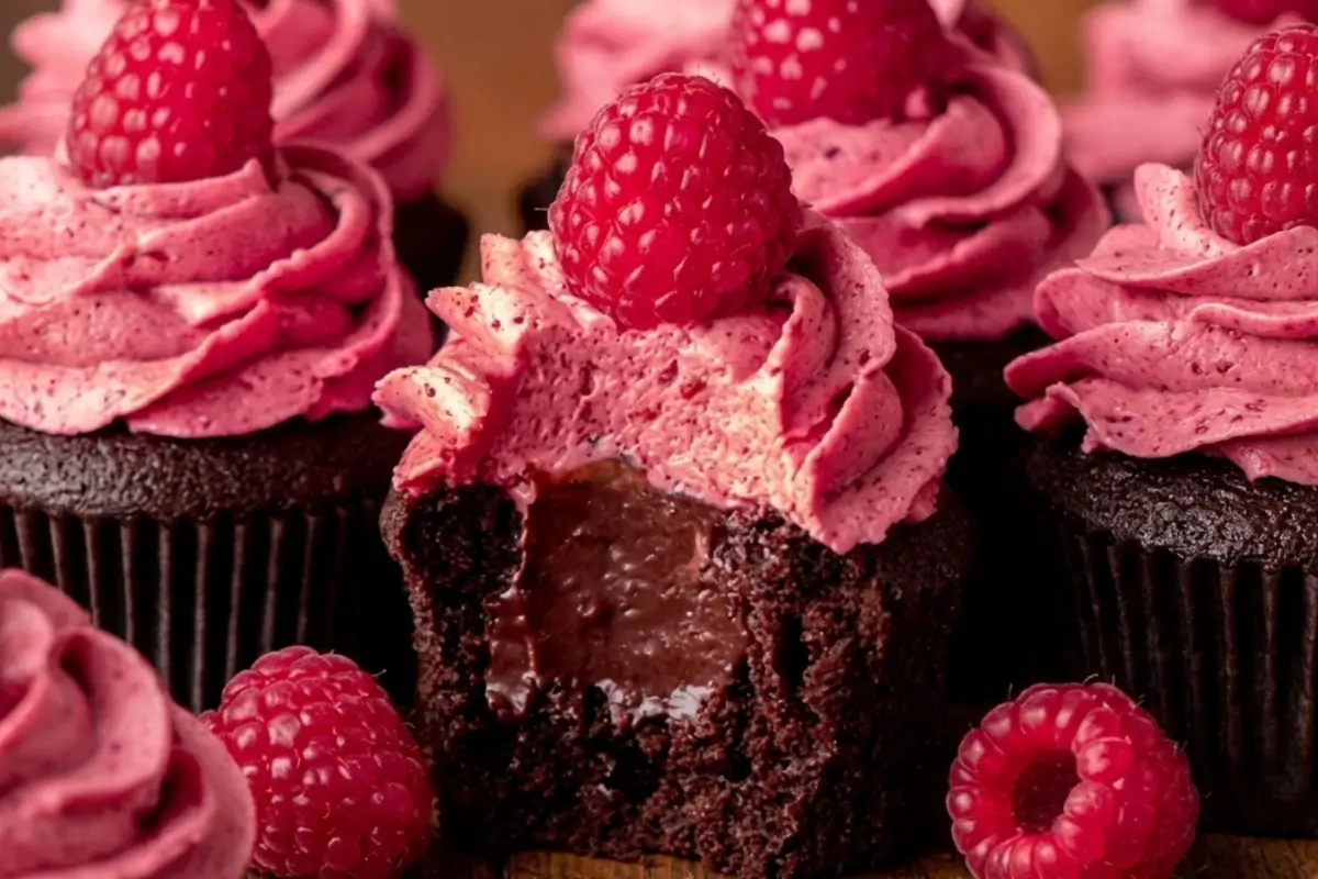 Chocolate Raspberry Cupcakes 3 A close-up of decadent chocolate raspberry cupcakes on a rustic wooden surface, with one cupcake broken open to reveal a gooey chocolate center beneath swirled pink raspberry buttercream and a fresh berry.
