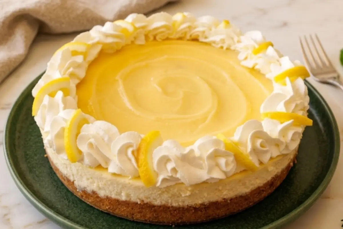 Elena’s Foolproof Tips For Your Lemon Cheesecake A whole, beautifully baked lemon cheesecake recipe sitting on a rustic green ceramic plate, featuring a thick graham cracker crust, a perfectly smooth lemon curd center, and a decorative border of fresh whipped cream rosettes and bright lemon slices.