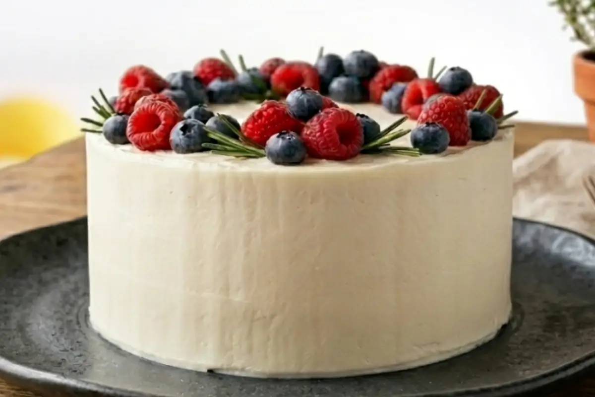 How to Frost a Cake: Guide for Every Home Baker 2 A beautiful homemade cake elegantly adorned with fresh raspberries, blueberries, and rosemary sprigs on a dark rustic plate, demonstrating exactly how to frost a cake with a smooth, forgiving finish.