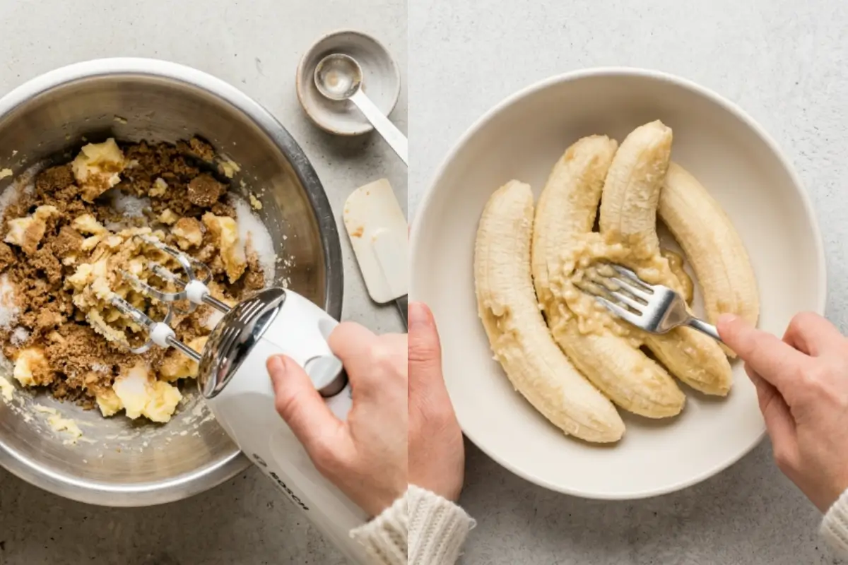 IThe Golden Rule Step-by-Step Instructions For Banana Cupcakes Recipe A side-by-side view showing the comforting first steps of our banana cupcakes recipe, with a hand mixer creaming butter and brown sugar in a metal bowl on the left, and fresh, ripe bananas being gently mashed with a fork in a ceramic bowl on the right.